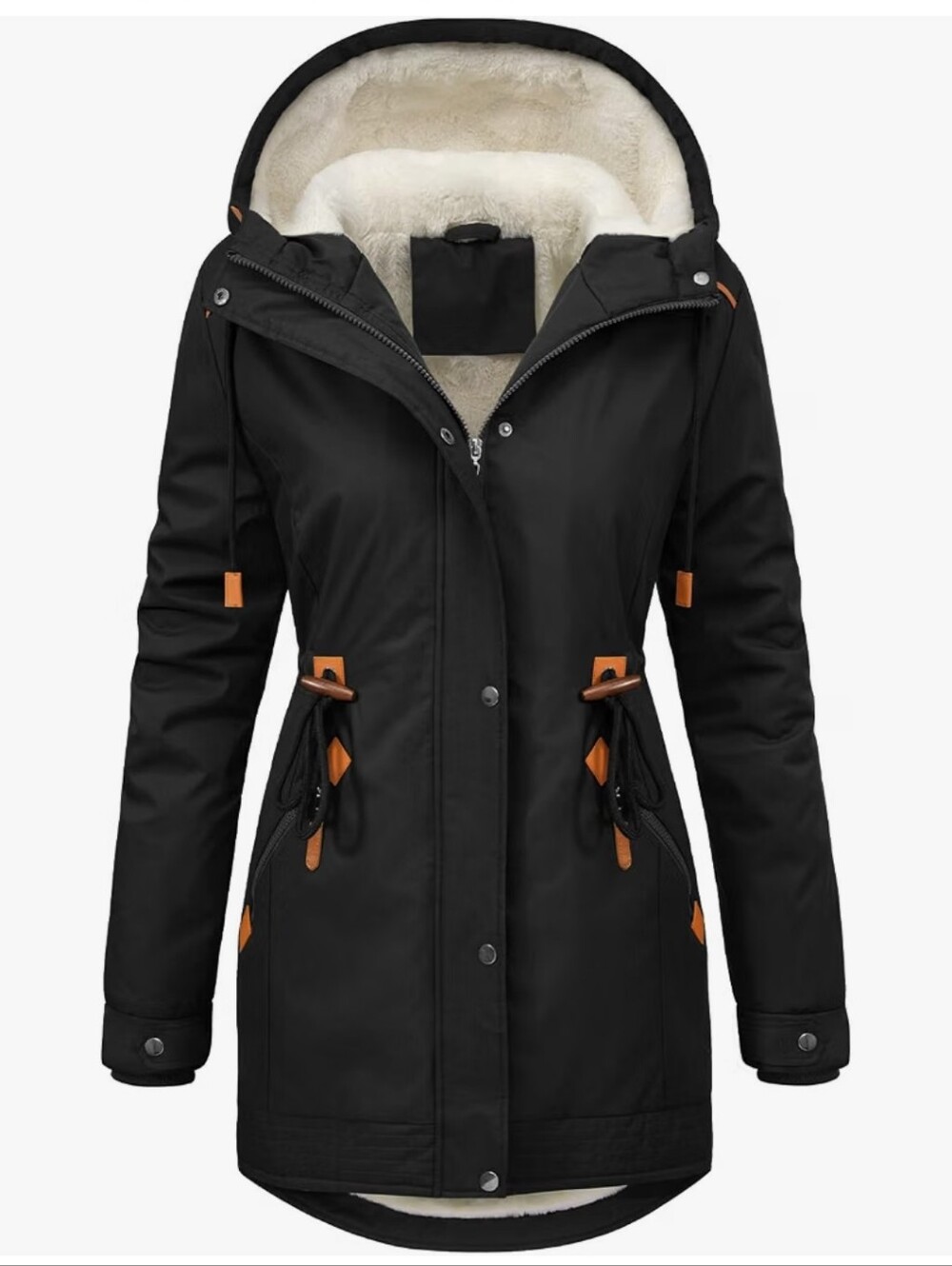 Black Women's Hooded Trench Coat with Faux Fur Lining